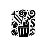 Abstract black and white composition candy assortment with cupcake, swirls, lollipop, and scattered elements on white. vector
