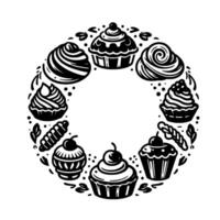 A decorative black and white circular illustration featuring various pastries like cupcakes and buns, surrounding a central empty space, with leaf accents. vector