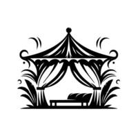 Elegant, monochrome gazebo illustration with a draped canopy, chaise lounge, and ornate, flowing decorative elements. vector