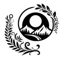 Monochromatic circular emblem mountain landscape within a circle, surrounded by floral and leafy ornamentation vector