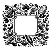 Intricate black and white illustrated bakery frame, featuring various pastries, leafy flourishes, and a central blank rectangle. vector