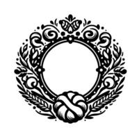 Circular ornamental black and white floral frame with decorative elements, blank center, and elegant, detailed design. vector
