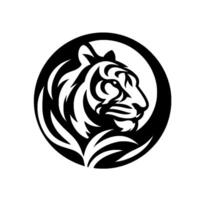 Intricate black and white illustration of a tiger head within a circular frame, showcasing a modern, stylized design. vector