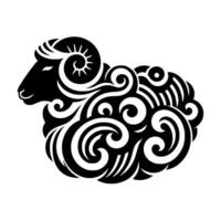 Stylized black and white sheep silhouette with intricate swirls, horns, and tribal design. vector