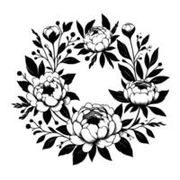 Intricate black and white floral wreath, featuring peonies and foliage on a light background, exuding elegance. vector