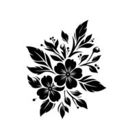 A black and white floral illustration featuring stylized blossoms, leaves, and berries arranged in a symmetrical, decorative bouquet on a plain white background, creating a minimalist and elegant desi vector