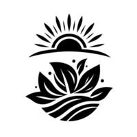 A stylized minimalist black and white featuring a sun above a cluster of leaves and undulating lines, evoking growth. vector