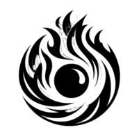 Abstract monochrome tribal eye of fire a stylized circular emblem featuring a central eye with a ring of flamelike shapes in black, white, and grey, evoking power. vector