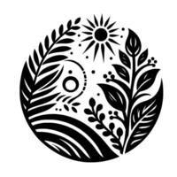 Black and white botanical illustration within a circle, featuring sun, leaves, foliage, berries, and abstract lines, a serene and stylized depiction. vector