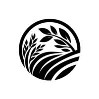 Circular monochrome logo wheat fields leafy branches inside a circle, reflecting agriculture and nature vector