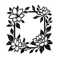 Elegant black and white floral frame with blossoms, leaves, and a geometric square on a white background. vector