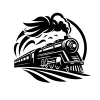 Illustration of a classic steam engine train, emerging from a circle, with smoke plumes and stylized track. vector
