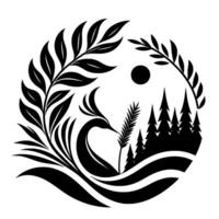 Black and white silhouette stylized swan in a circle, surrounded by foliage, forest, moon, and water lines, minimalist nature art. vector