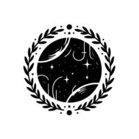 Celestial emblem a black and white circle with a starry cosmic interior is surrounded by a laurel wreath, creating a minimalist and elegant design. vector