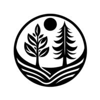 Simplified black and white illustration nature scene inside a circle featuring two trees, sun, and wavy landscape. minimalist design. vector