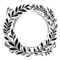 Elegant black and white botanical wreath illustration, depicting a floral circular frame with leafy branches, perfect for design. vector