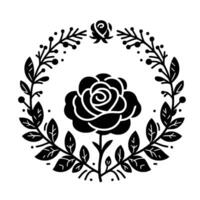 Black floral wreath composition with a central rose, minimalist design, decorative and symbolic elements vector