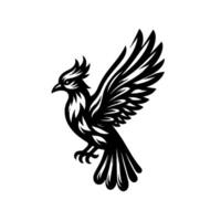 Monochrome stylized bird in flight, heraldic featuring an eaglelike creature with detailed feather patterns and an open wing. vector