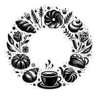 Black and white circular illustration of pastries, flowers, and a coffee set, creating a cozy, inviting floral frame. vector