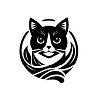 Artistic black and white cat logo smiling feline head surrounded by swirls within a circle, clean vector