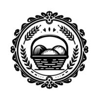 Circular monochrome emblem featuring an ornate border with wheat and floral motifs, enclosing a basket of eggs. vector