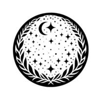 Celestial monochrome circle crescent moon and stars enclosed by a laurel leaf border, artistic illustration. vector