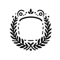Black and white illustration of a botanical frame with laurel leaves, dots, and curled accents, oval center. vector
