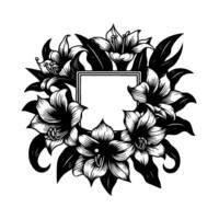 Elegant black and white floral wreath surrounding a blank rectangular space, perfect for text or a monogram, with detailed lily blossoms and foliage. vector