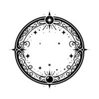 Intricate celestial compass black and white circular with starbursts, ornate details, and geometric symmetry, on a white background. vector