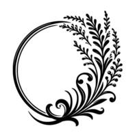 Intricate black botanical frame with circle border, floral accents and leafy on white, art. vector