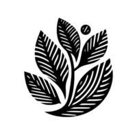 Stylized black and white botanical illustration organic form with linear leaf veins and dot element against white backdrop. vector