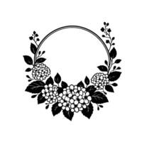 Elegant black and white hydrangea wreath with leaves and berries enclosing a central circular frame, perfect for invitations and design. vector