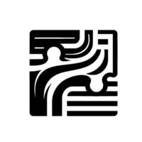 Abstract square composition in monochrome interlocking lines, curves, and negative space, minimalist design. vector