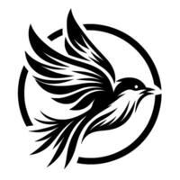 A stylized black and white illustration of a bird in flight within a circular frame, showcasing its wings and elegant design. vector