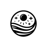 Minimalist black and white circle composition sun above wavy lines, surrounded by stars and dots, capturing a serene and dreamy aesthetic. vector