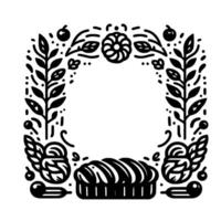 Black and white of a loaf of bread framed by floral and fruit elements, creating a decorative border with a white center. vector