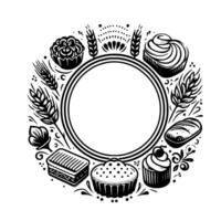 Elegant black white bakery circle design pastries, wheat, frame, and decoration elements for menu or label. vector