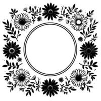 Black and white floral circular frame, daisy arrangement, botanical border, elegant with empty center. vector
