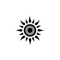 Black silhouette sunburst on white simplified solar with concentric circles and teardropshaped rays. vector