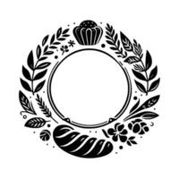 Black and white bakery wreath with bread, muffin, and botanical elements for customization. vector