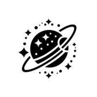 Minimalist black and white of a planet with rings, stars, and celestial orbits, on white background. vector
