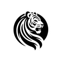 Bold black and white minimalist featuring a stylized tiger head in profile, enclosed within a circular frame, exuding strength and power. vector