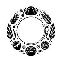 Black and white circular bakery border with various baked goods, wheat, and berries, perfect for a rustic design. vector