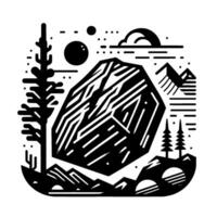 Geometric black and white illustration of a mountainous landscape with celestial elements, abstract design. vector