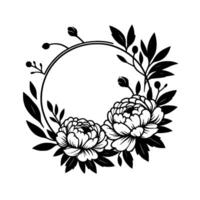 Elegant black and white circular floral wreath featuring peonies, leaves, buds, and a central empty space for text. vector