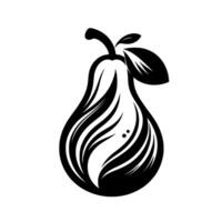 Stylized black and white pear illustration with a contemporary aesthetic, featuring leafy stem and abstract veins. vector