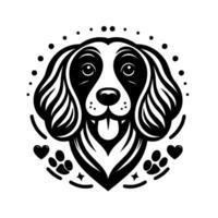 Artistic black and white dog illustration with heart accents, paw prints, and dotted background, showcasing a friendly, happy canine. vector