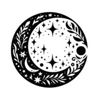 Celestial crescent a black and white illustration of a moon, stars, and botanical ornaments, evoking a mystical aesthetic. vector