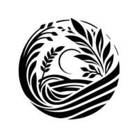 Stylized black and white circular featuring plants, wavy lines, and serene landscape vector