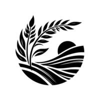 Black and white stylized illustration of wheat field with stylized sunset in the background. depicting growth. vector